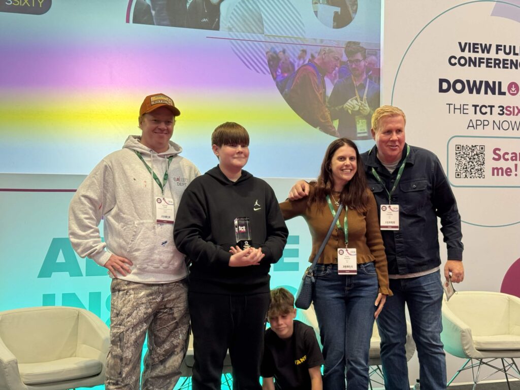 Neil Doherty, winner of the 2026 TCT Rising Star Award, with his family and the founder of 3D Printing Cornwall